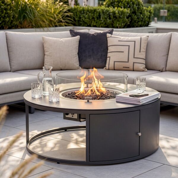 Ethos Grande Corner Set With Round Fire Pit Table & Armchair - Oatmeal