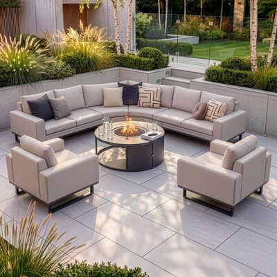 Ethos Grande Corner Set With Round Fire Pit Table & Armchair x2 - Oatmeal