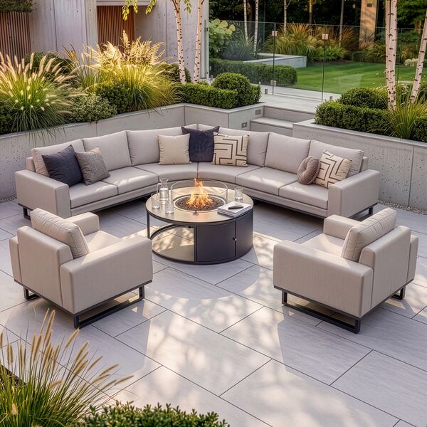 Ethos Grande Corner Set With Round Fire Pit Table & Armchair x2 - Oatmeal