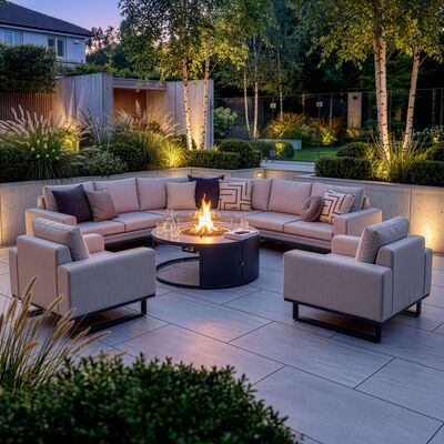 Ethos Grande Corner Set With Round Fire Pit Table & Armchair x2 - Oatmeal