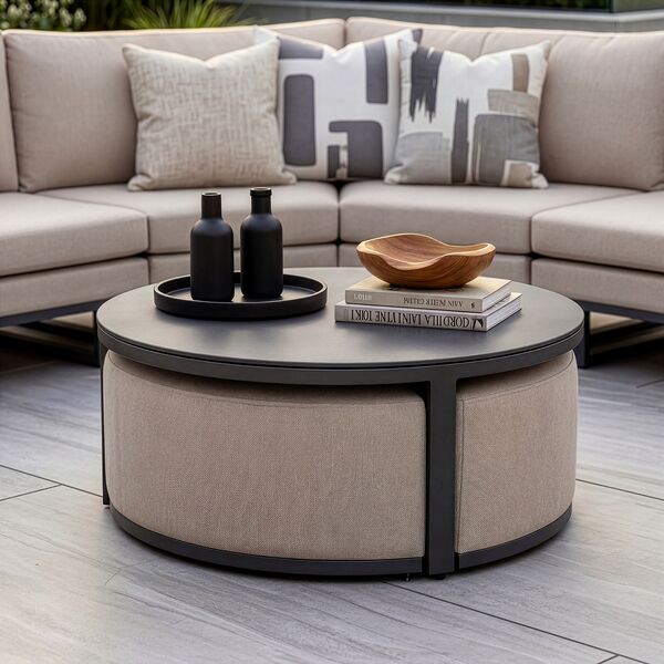 Ethos Grande Corner Set With Round Footstool Coffee Table - Oatmeal