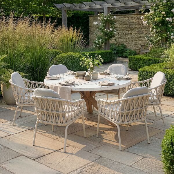 Antigua 6 Seat Round Dining Table with Sicily Rope Chairs - Latte