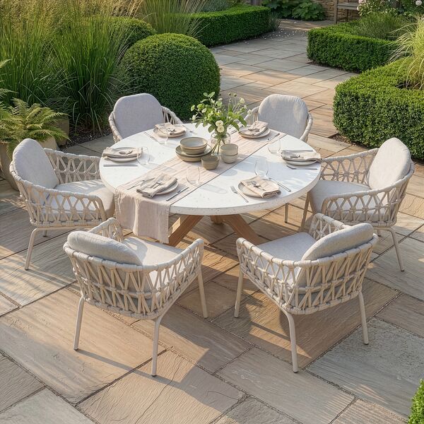 Antigua 6 Seat Round Dining Table with Sicily Rope Chairs - Latte