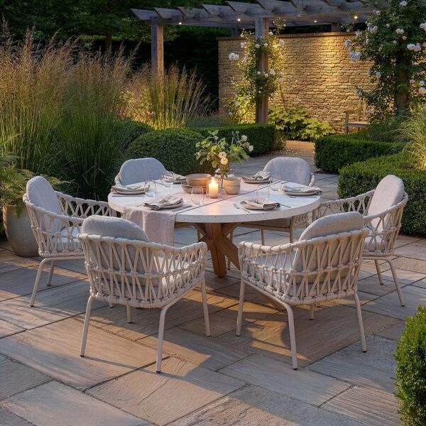 Antigua 6 Seat Round Dining Table with Sicily Rope Chairs - Latte
