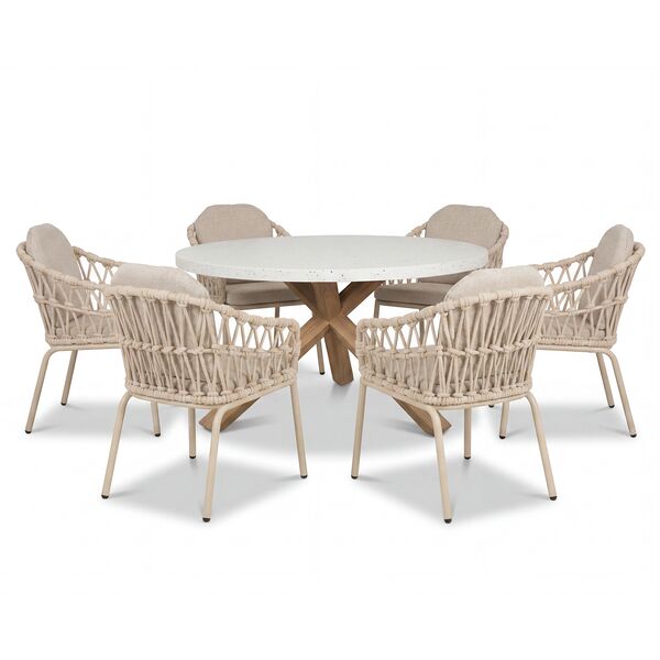 Antigua 6 Seat Round Dining Table with Sicily Rope Chairs - Latte