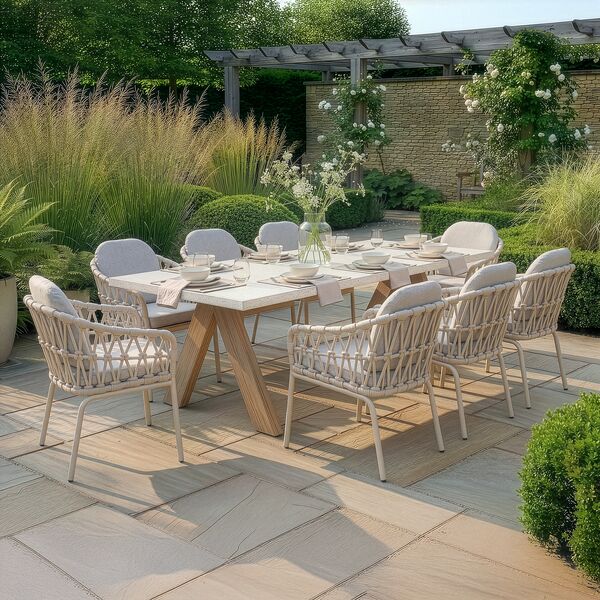 Antigua 8 Seat Rectangular Dining Table with Sicily Rope Chairs - Latte