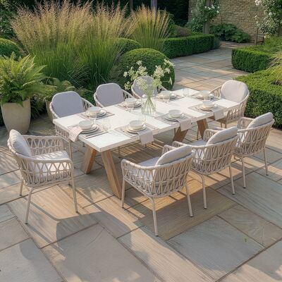 Antigua 8 Seat Rectangular Dining Table with Sicily Rope Chairs - Latte