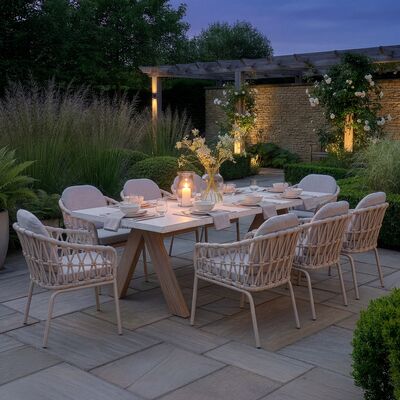 Antigua 8 Seat Rectangular Dining Table with Sicily Rope Chairs - Latte