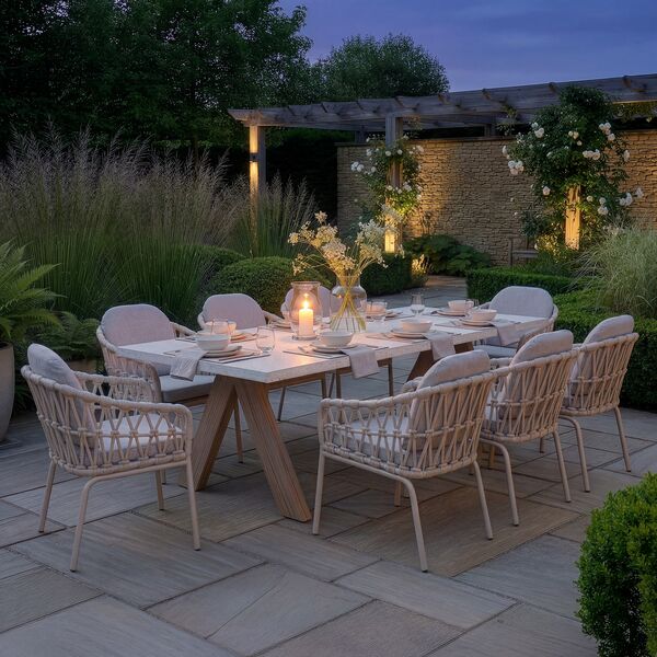 Antigua 8 Seat Rectangular Dining Table with Sicily Rope Chairs - Latte