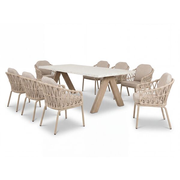 Antigua 8 Seat Rectangular Dining Table with Sicily Rope Chairs - Latte