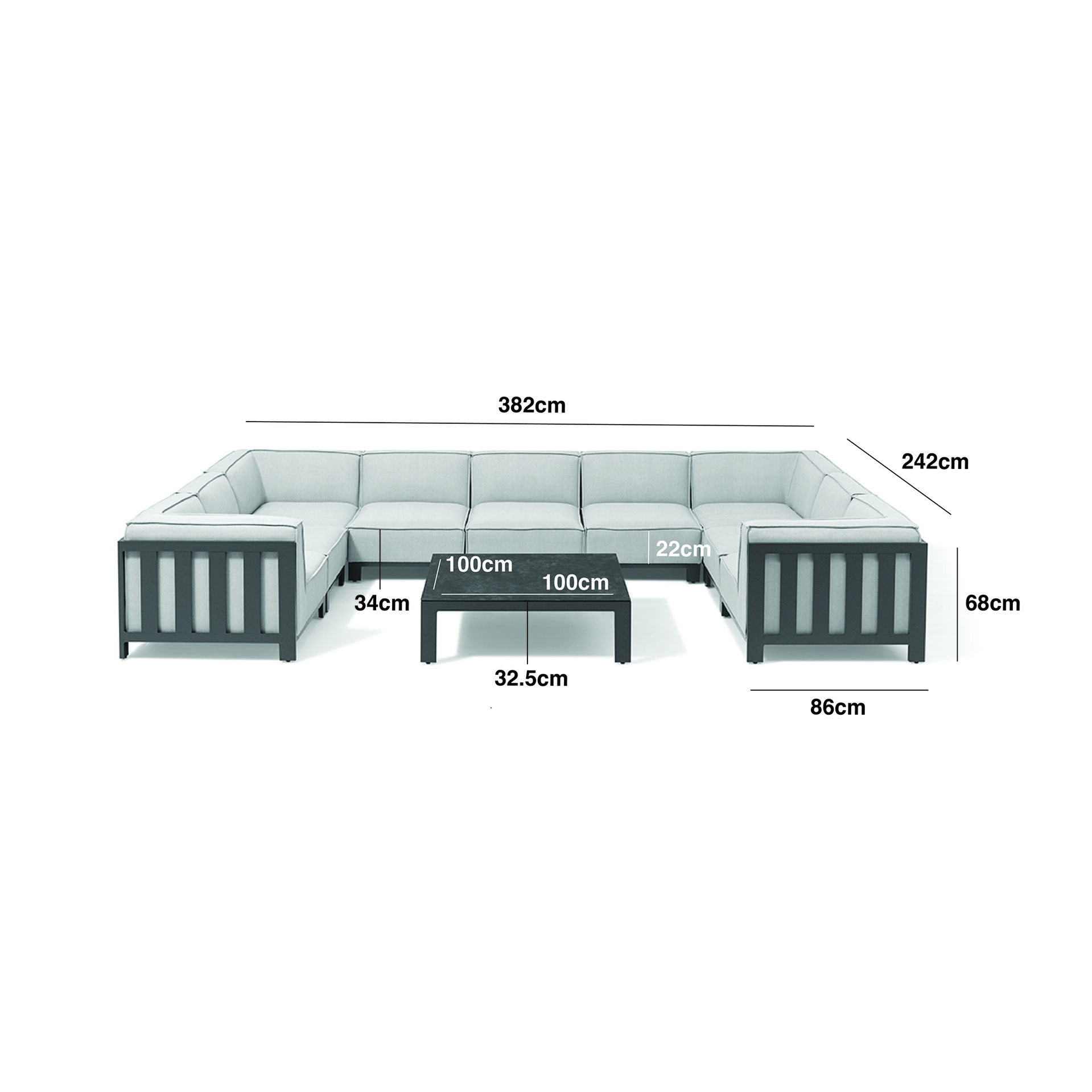 Ibiza U Shape Sofa Set With Square Coffee Table - Latte