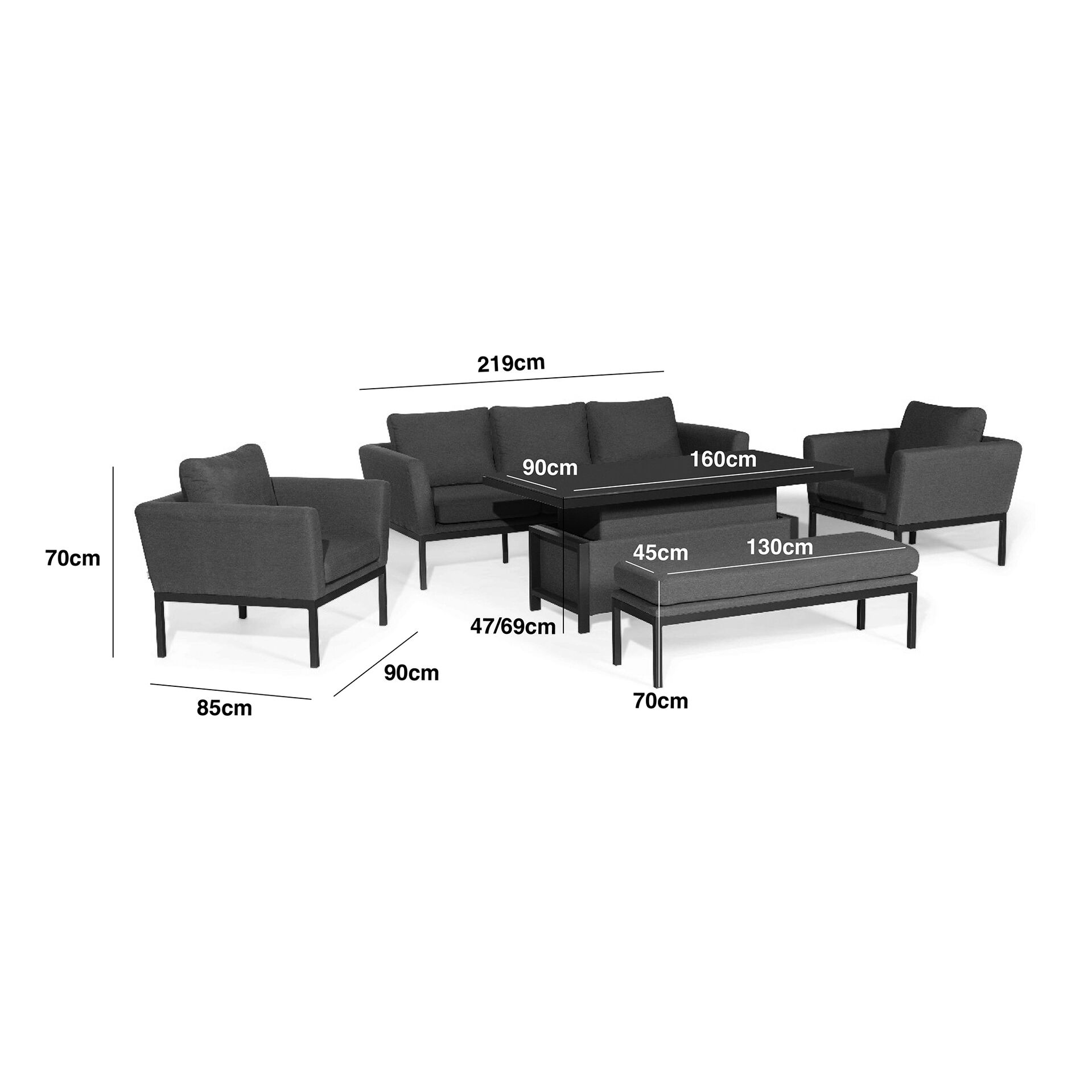 Pulse 3 Seat Sofa Set with Rising Table - Zinc Grey