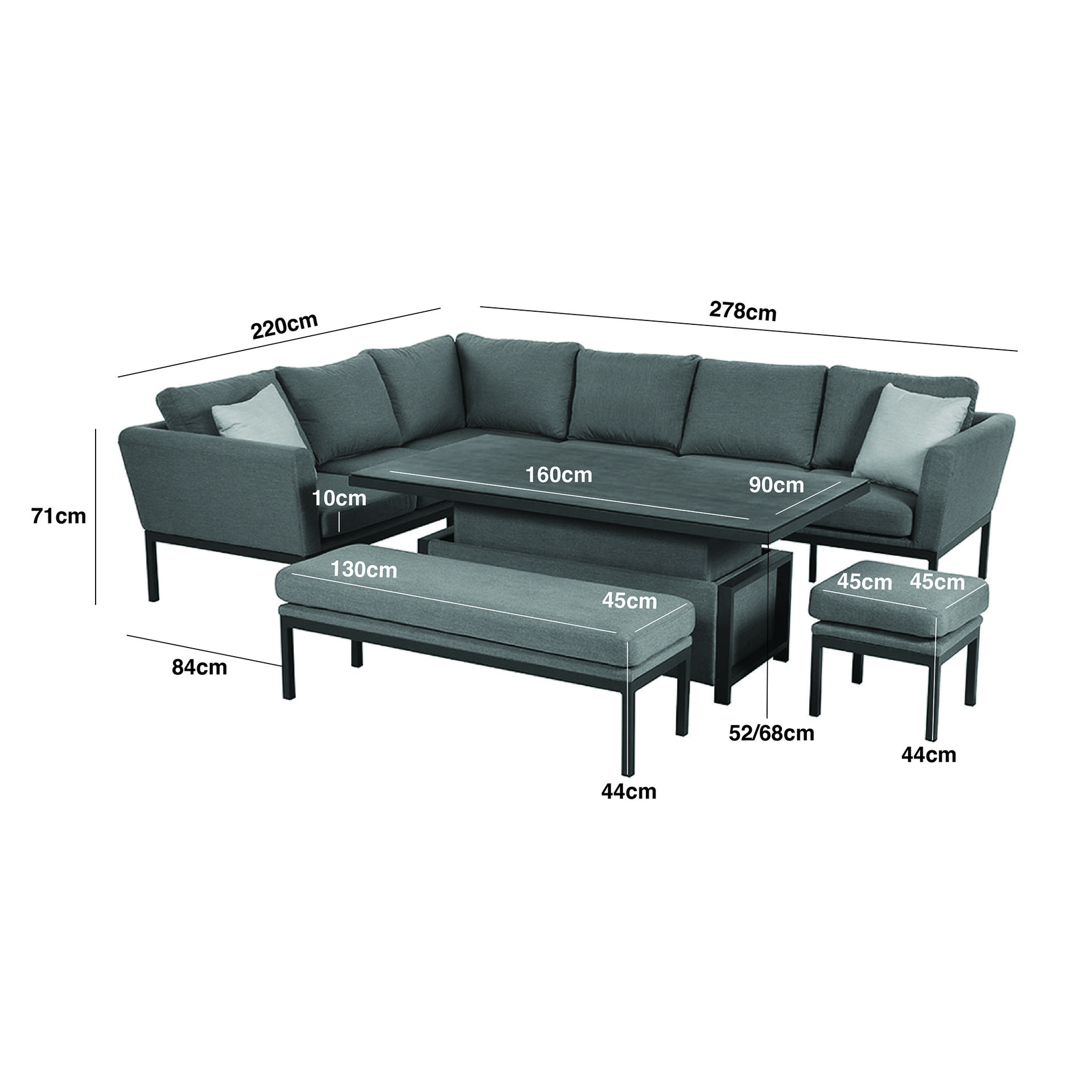 Pulse Rectangular Corner Dining Set with Rising Table - Zinc Grey
