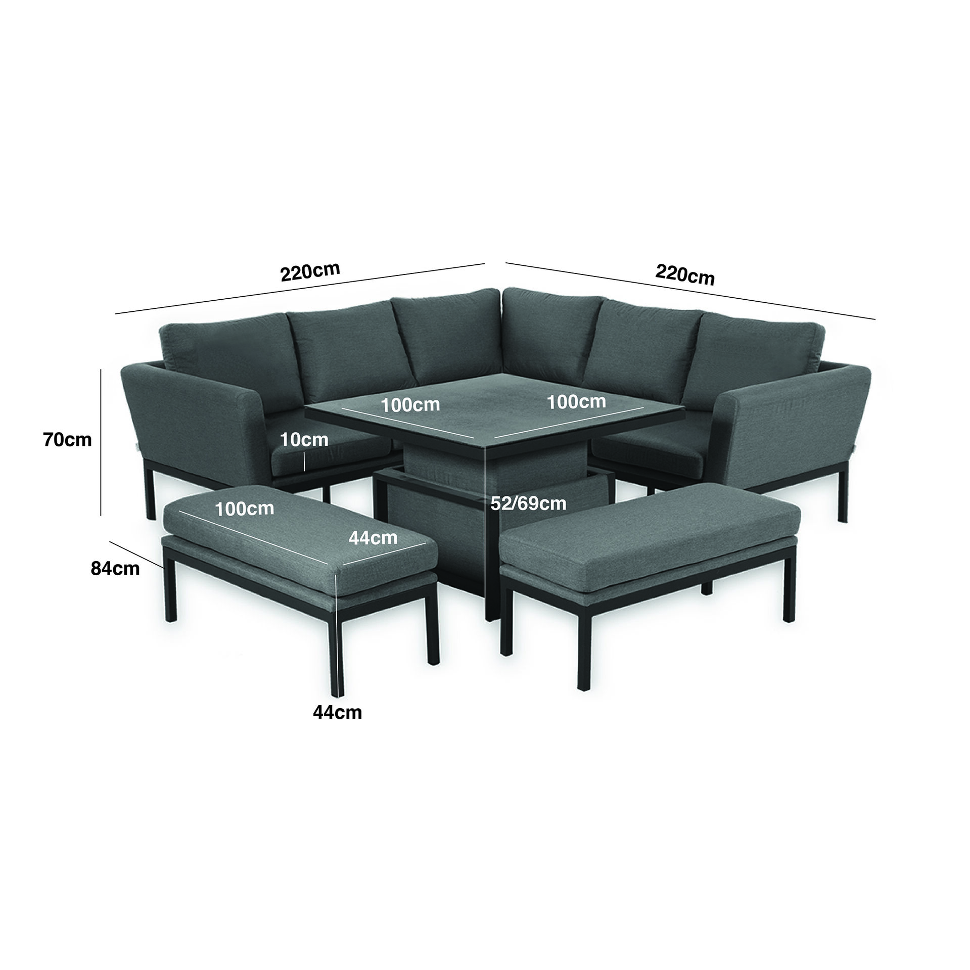 Pulse Square Corner Dining Set with Rising Table - Zinc Grey