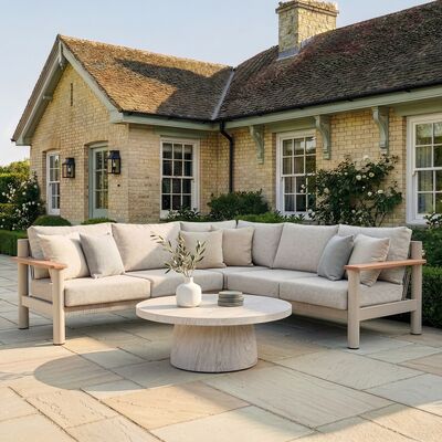 Sicily Corner Sofa Set  Round Sintered Stone Coffee Table - Latte Frame/Latte Cushions
