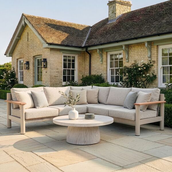 Sicily Corner Sofa Set  Round Sintered Stone Coffee Table - Latte Frame/Latte Cushions