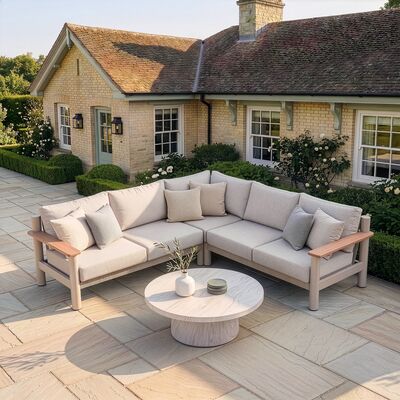 Sicily Corner Sofa Set  Round Sintered Stone Coffee Table - Latte Frame/Latte Cushions
