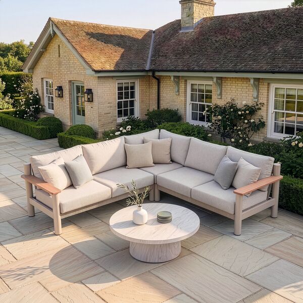 Sicily Corner Sofa Set  Round Sintered Stone Coffee Table - Latte Frame/Latte Cushions