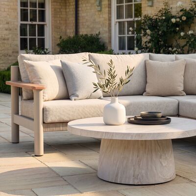 Sicily Corner Sofa Set  Round Sintered Stone Coffee Table - Latte Frame/Latte Cushions