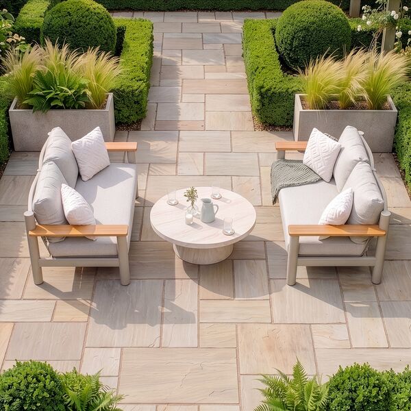 Sicily Sofa Set With 2 x 2 Seat Sofas and Round Sintered Stone Coffee Table -   Latte Frame/Latte Cushions