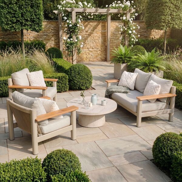 Sicily 2 Seat Sofa & Armchairs Set and Round Sintered Stone Coffee Table  - Latte Frame/Latte Cushions
