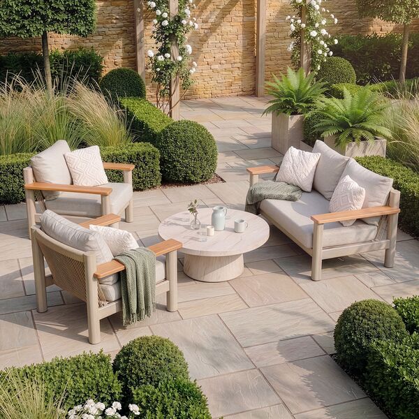 Sicily 2 Seat Sofa & Armchairs Set and Round Sintered Stone Coffee Table  - Latte Frame/Latte Cushions