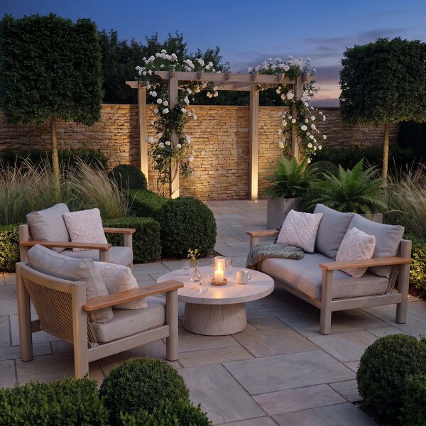 Sicily 2 Seat Sofa & Armchairs Set and Round Sintered Stone Coffee Table  - Latte Frame/Latte Cushions