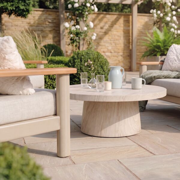 Sicily 2 Seat Sofa & Armchairs Set and Round Sintered Stone Coffee Table  - Latte Frame/Latte Cushions