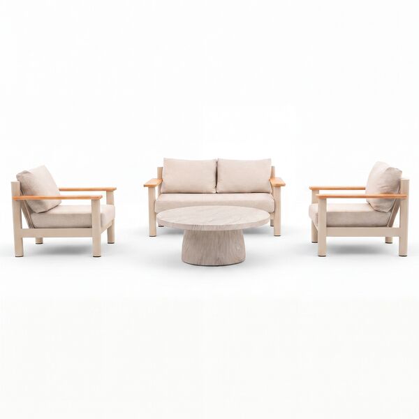 Sicily 2 Seat Sofa & Armchairs Set and Round Sintered Stone Coffee Table  - Latte Frame/Latte Cushions