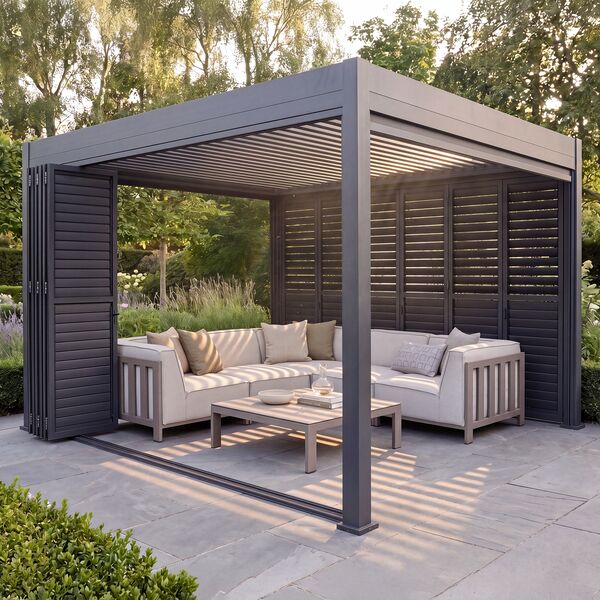 Eden Pergola Aluminium Rectangular 30x40 - 2 Grey Folding Doors + 2 Blinds  - Grey