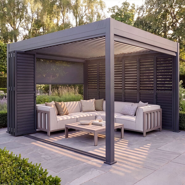 Eden Pergola Aluminium Rectangular 30x40 - 2 Grey Folding Doors + 2 Blinds  - Grey