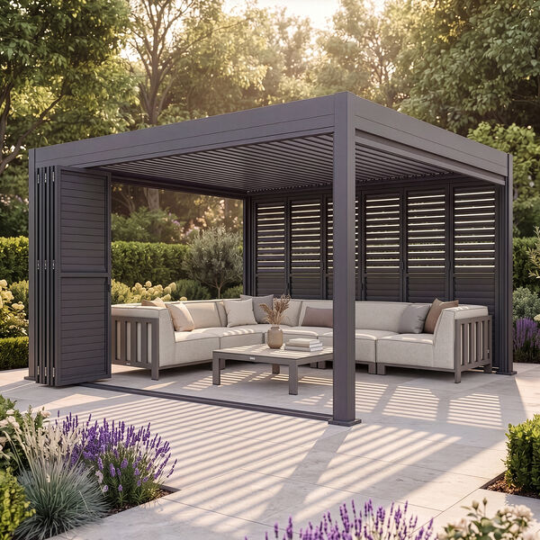 Eden Pergola Aluminium Square 40x40 - 2 Grey Folding Doors + 2 Blinds  - Grey