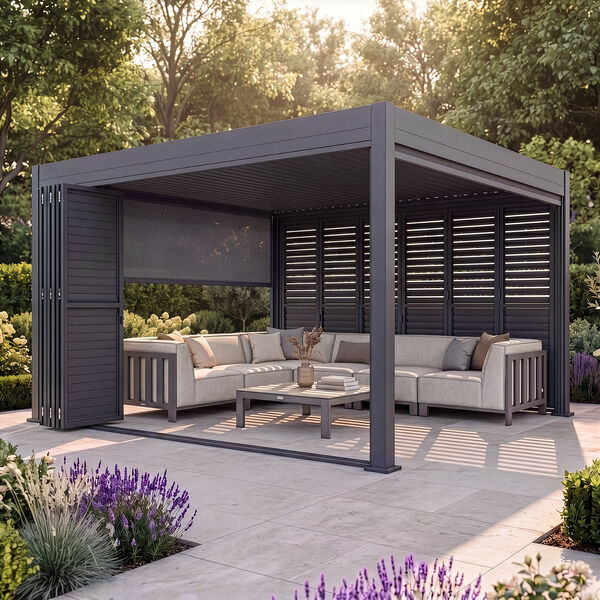 Eden Pergola Aluminium Square 40x40 - 2 Grey Folding Doors + 2 Blinds  - Grey
