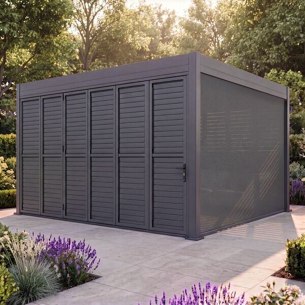 Eden Pergola Aluminium Square 40x40 - 2 Grey Folding Doors + 2 Blinds  - Grey