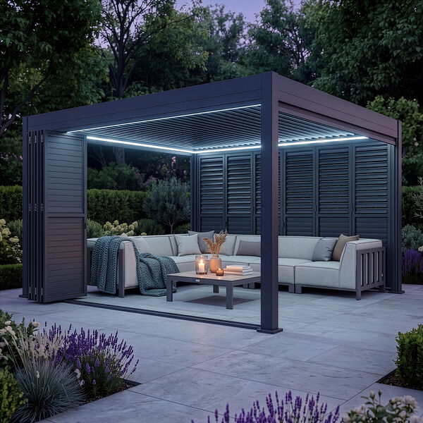 Eden Pergola Aluminium Square 40x40 - 2 Grey Folding Doors + 2 Blinds  - Grey