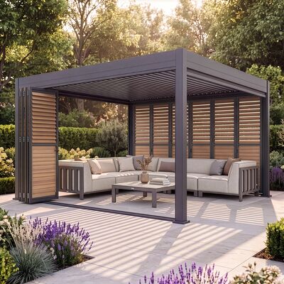Eden Pergola Aluminium Square 40x40 - 2 Wood Effect Folding Doors + 2 Blinds  - Grey