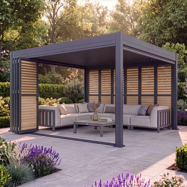 Eden Pergola Aluminium Square 40x40 - 2 Wood Effect Folding Doors + 2 Blinds  - Grey