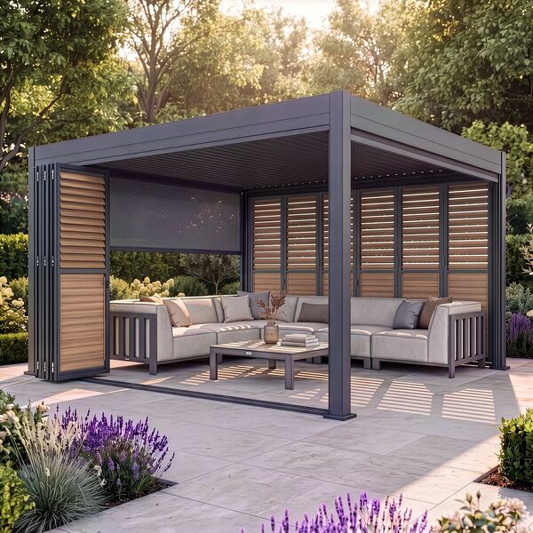 Eden Pergola Aluminium Square 40x40 - 2 Wood Effect Folding Doors + 2 Blinds  - Grey