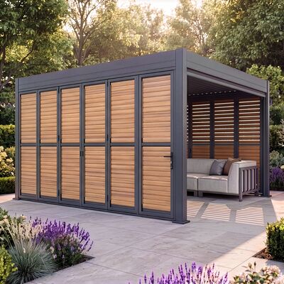 Eden Pergola Aluminium Square 40x40 - 2 Wood Effect Folding Doors + 2 Blinds  - Grey