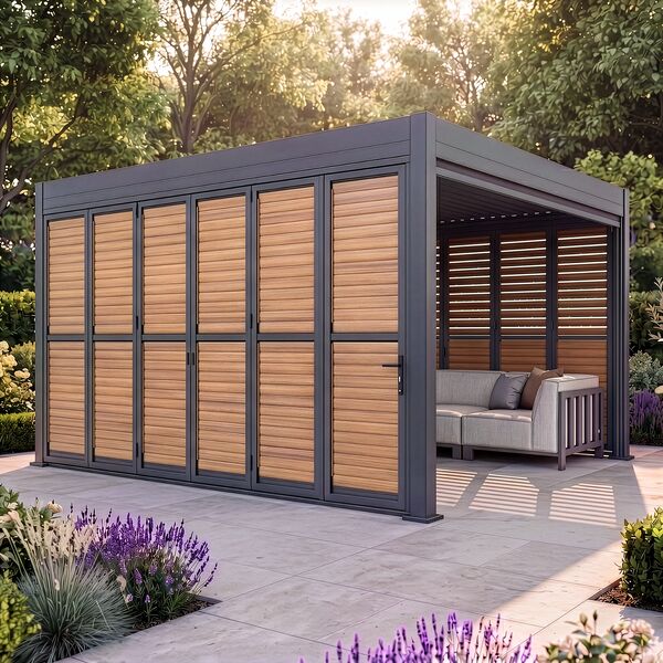 Eden Pergola Aluminium Square 40x40 - 2 Wood Effect Folding Doors + 2 Blinds  - Grey