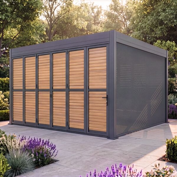 Eden Pergola Aluminium Square 40x40 - 2 Wood Effect Folding Doors + 2 Blinds  - Grey