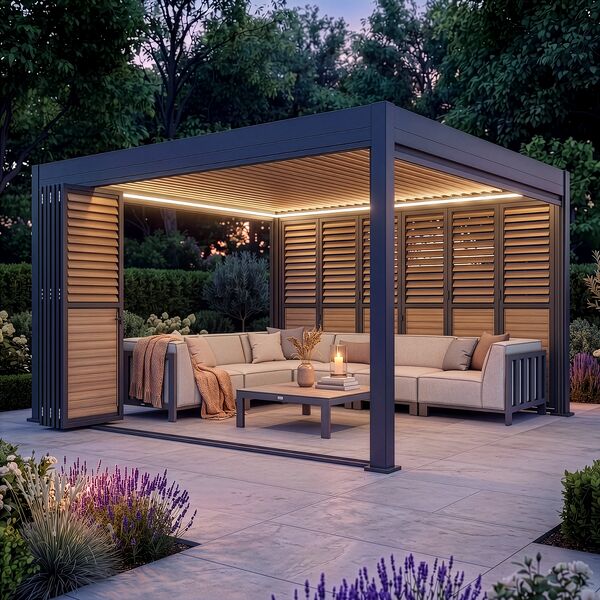 Eden Pergola Aluminium Square 40x40 - 2 Wood Effect Folding Doors + 2 Blinds  - Grey