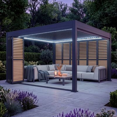 Eden Pergola Aluminium Square 40x40 - 2 Wood Effect Folding Doors + 2 Blinds  - Grey