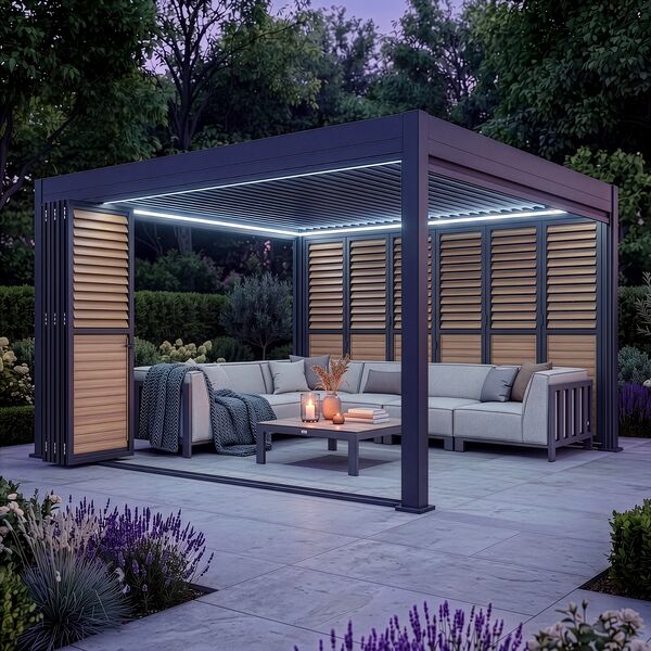 Eden Pergola Aluminium Square 40x40 - 2 Wood Effect Folding Doors + 2 Blinds  - Grey