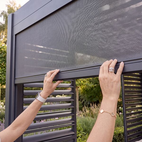 Eden Pergola Aluminium Square 40x40 - 2 Wood Effect Folding Doors + 2 Blinds  - Grey