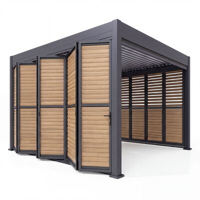 Eden Pergola Aluminium Square 40x40 - 2 Wood Effect Folding Doors + 2 Blinds  - Grey