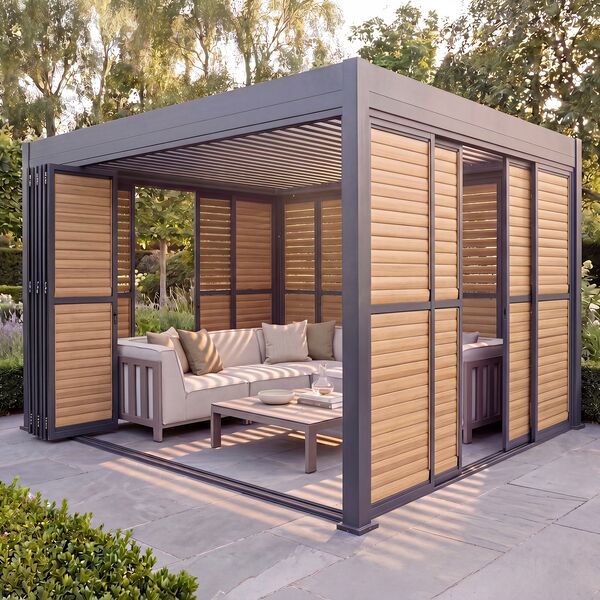 Eden Pergola Aluminium Rectangular 30x40 - 2 Wood Effect Folding Doors + 2 Louvre Doors  - Grey