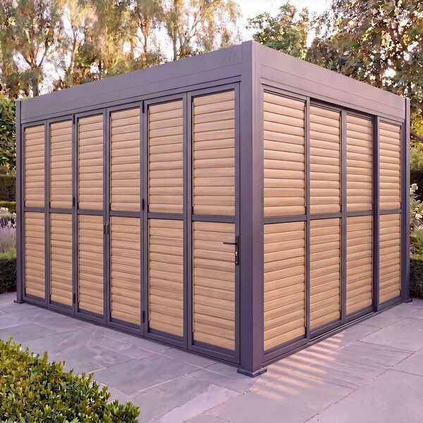 Eden Pergola Aluminium Rectangular 30x40 - 2 Wood Effect Folding Doors + 2 Louvre Doors  - Grey