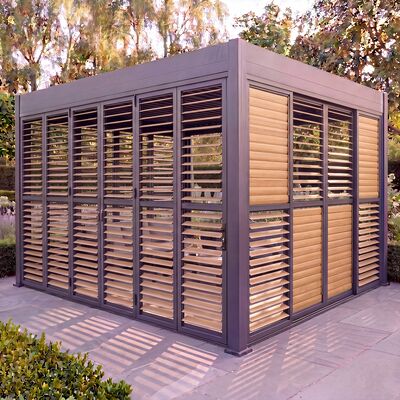 Eden Pergola Aluminium Rectangular 30x40 - 2 Wood Effect Folding Doors + 2 Louvre Doors  - Grey