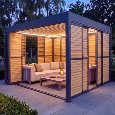 Eden Pergola Aluminium Rectangular 30x40 - 2 Wood Effect Folding Doors + 2 Louvre Doors  - Grey